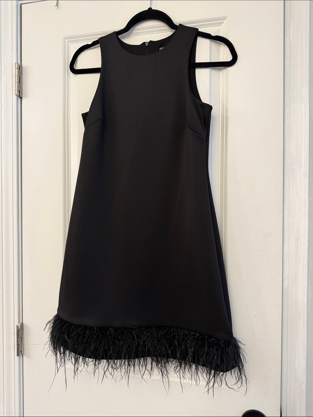 Feather Hem Black Sleeveless Shift Dress, elegant